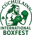 Cúchulainn Boxing logo: muscular bearded Celtic boxer in green gloves with a clover emblem