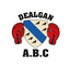 Dealgan Boxing Club logo featuring shield with blue diagonal stripe and red boxing gloves.