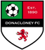 Donacloney FC crest featuring a soccer ball on green panel, EST. 1890, and a red lion on white shield.
