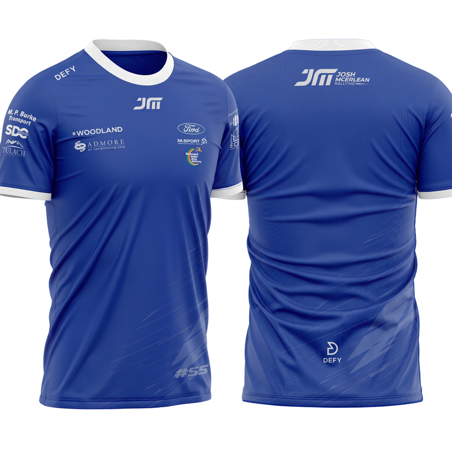 Front and back views of a royal blue short-sleeve sports jersey with white trim, featuring sponsor logos.